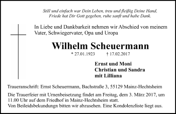 Traueranzeige von Wilhelm Scheuermann von Trauerportal Rhein Main Presse