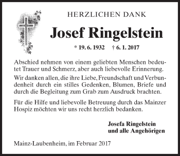 Traueranzeige von Josef Ringelstein von Trauerportal Rhein Main Presse