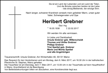 Traueranzeige von Heribert Grebner von Trauerportal Rhein Main Presse