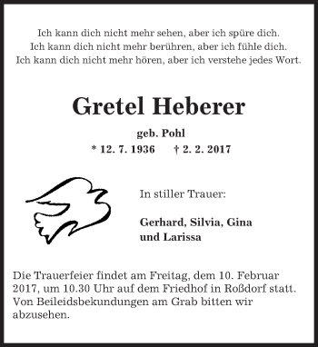 Traueranzeige von Gretel Heberer von Trauerportal Echo Online