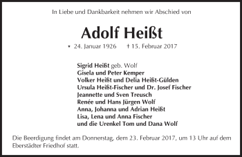 Traueranzeige von Adolf Heißt von Trauerportal Echo Online