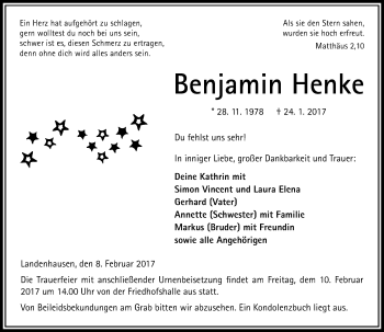Traueranzeige von Benjamin Henke von VRM Trauer