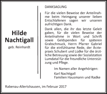 Traueranzeige von Hilde Nachtigall von  Gießener Anzeiger