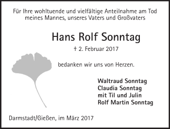 Traueranzeige von Hans Rolf Sonntag von  Gießener Anzeiger