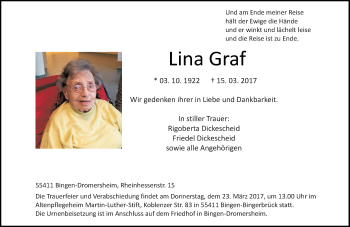 Traueranzeige von Lina Graf von Trauerportal Rhein Main Presse