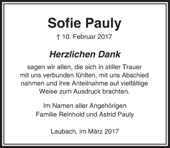 Traueranzeige von Sofie Pauly von  Usinger Anzeiger