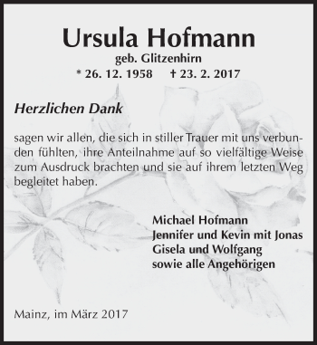 Traueranzeige von Ursula Hofmann von Trauerportal Rhein Main Presse