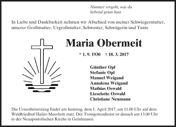Traueranzeige von Maria Obermeit von  Gelnhäuser Tageblatt
