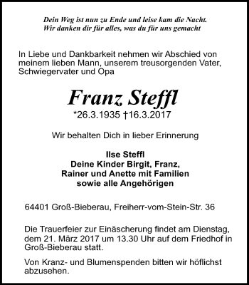 Traueranzeige von Franz Steffl von Trauerportal Echo Online