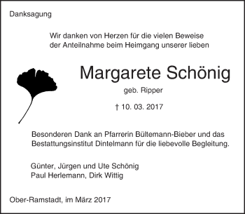 Traueranzeige von Margarete Schönig von Trauerportal Echo Online