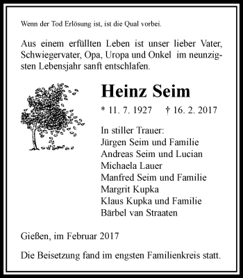 Traueranzeige von Heinz Seim von  Gießener Anzeiger