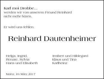 Traueranzeige von Reinhard Dautenheimer von Trauerportal Rhein Main Presse