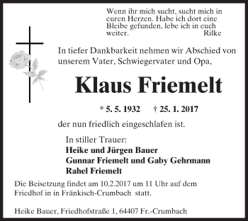 Traueranzeige von Klaus Friemelt von  Bürstädter Zeitung