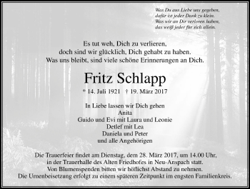 Traueranzeige von Fritz Schlapp von  Usinger Anzeiger