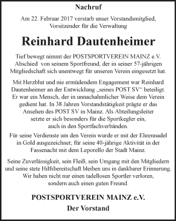 Traueranzeige von Reinhard Dautenheimer von Trauerportal Rhein Main Presse