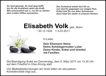 Traueranzeige von Elisabeth Volk von Trauerportal Echo Online