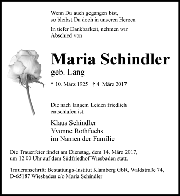 Traueranzeige von Maria Schindler von Trauerportal Rhein Main Presse Traueranzeige von Maria Schindler von Trauerportal Rhein Main Presse