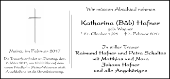 Traueranzeige von Katharina Hafner von Trauerportal Rhein Main Presse