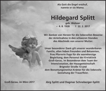 Traueranzeige von Hildegard Splitt von Trauerportal Echo Online