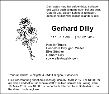 Traueranzeige von Gerhard Dilly von Trauerportal Rhein Main Presse
