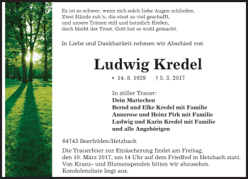 Traueranzeige von Ludwig Kredel von Trauerportal Echo Online
