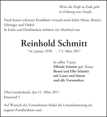 Traueranzeige von Reinhold Schmitt von Trauerportal Echo Online