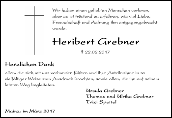 Traueranzeige von Heribert Grebner von Trauerportal Rhein Main Presse