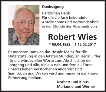 Traueranzeige von Robert Wies von Trauerportal Rhein Main Presse