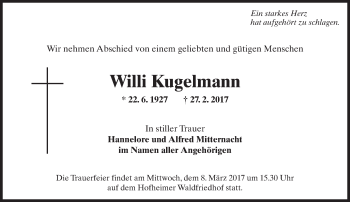 Traueranzeige von Willi Kugelmann von Trauerportal Rhein Main Presse