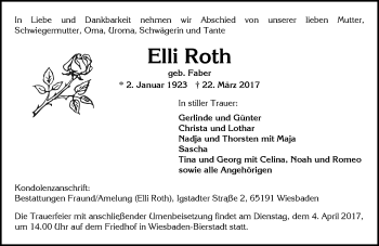Traueranzeige von Elli Roth von Trauerportal Rhein Main Presse