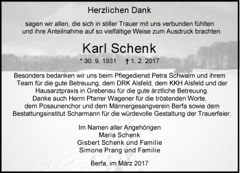 Traueranzeige von Karl Schenk von VRM Trauer