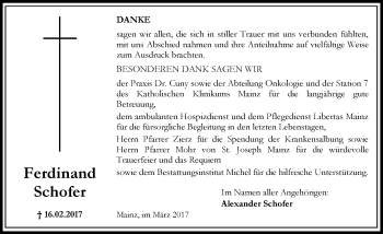 Traueranzeige von Ferdinand Schofer von Trauerportal Rhein Main Presse