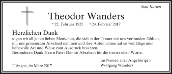 Traueranzeige von Theodor Wanders von  Usinger Anzeiger