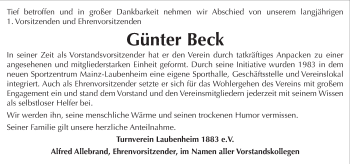Traueranzeige von Günter Beck von Trauerportal Rhein Main Presse