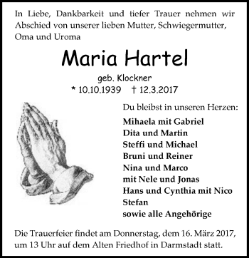 Traueranzeige von Maria Hartel von Trauerportal Echo Online