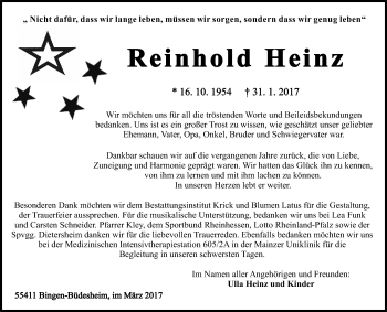 Traueranzeige von Reinhold Heinz von Trauerportal Rhein Main Presse