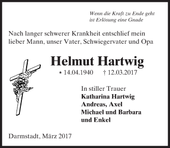 Traueranzeige von Helmut Hartwig von Trauerportal Echo Online