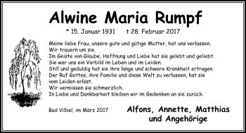 Traueranzeige von Alwine Maria Rumpf von  Camberger Anzeiger