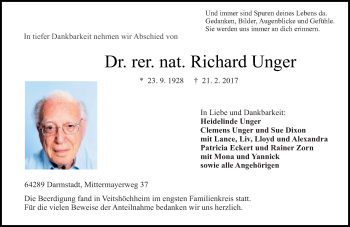 Traueranzeige von Richard Unger von Trauerportal Echo Online