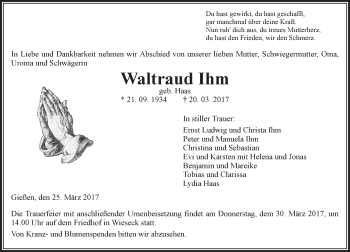 Traueranzeige von Waltraud Ihm von  Gießener Anzeiger
