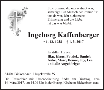 Traueranzeige von Ingeborg Kaffenberger von Trauerportal Echo Online