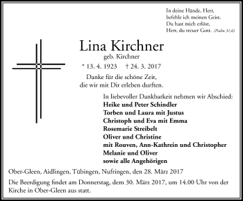 Traueranzeige von Lina Kirchner von VRM Trauer