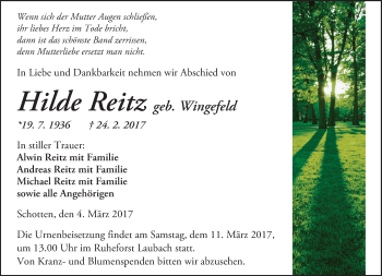 Traueranzeige von Hilde Reitz von  Kreisanzeiger