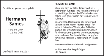 Traueranzeige von Hermann Sames von  Gießener Anzeiger