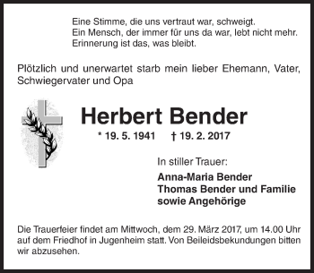 Traueranzeige von Herbert Bender von Trauerportal Echo Online