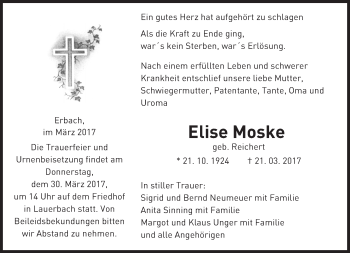 Traueranzeige von Elise Moske von Trauerportal Echo Online