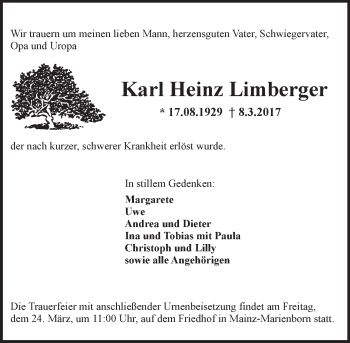 Traueranzeige von Karl Heinz Limberger von Trauerportal Rhein Main Presse
