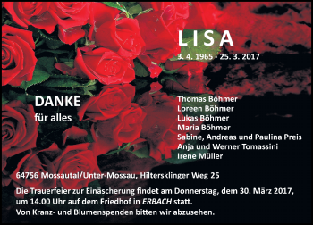 Traueranzeige von Lisa Böhmer von Trauerportal Echo Online