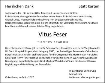 Traueranzeige von Vitus Feser von Trauerportal Rhein Main Presse