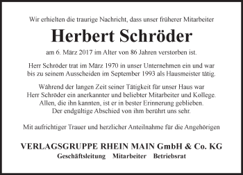 Traueranzeige von Herbert Schröder von Trauerportal Rhein Main Presse